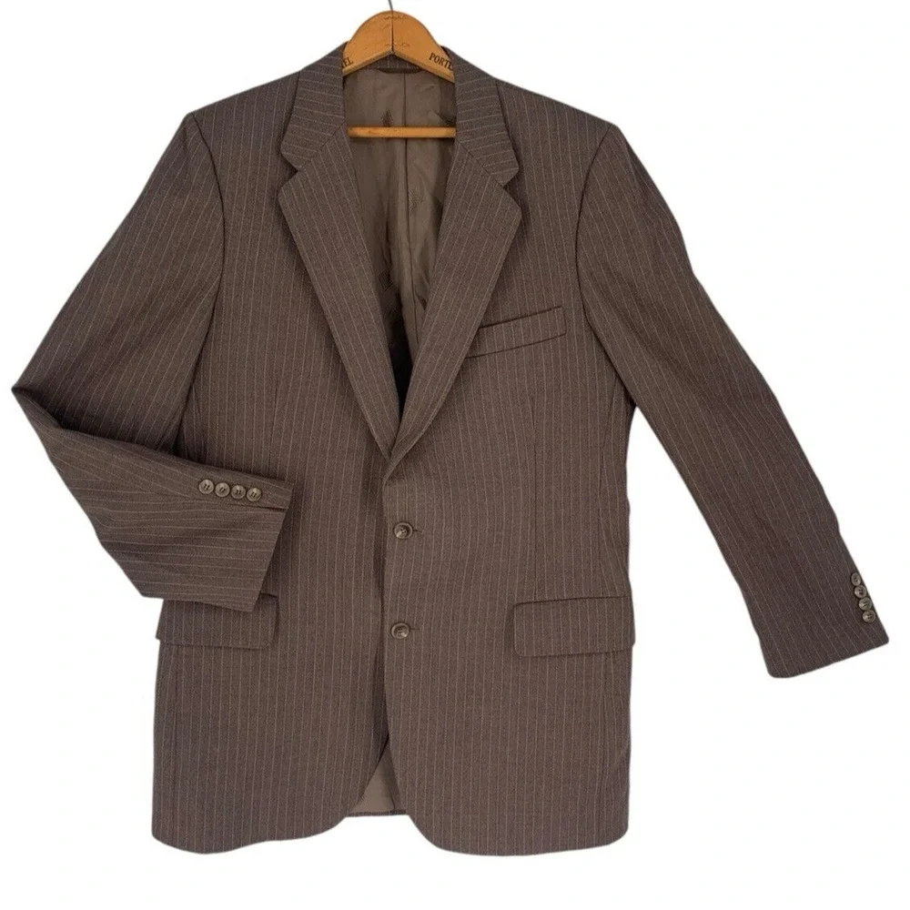 Vintage 70's Lanvin Paris Jacket Virgin Wool Brown Pinstripe Mens Luxury 42 Long